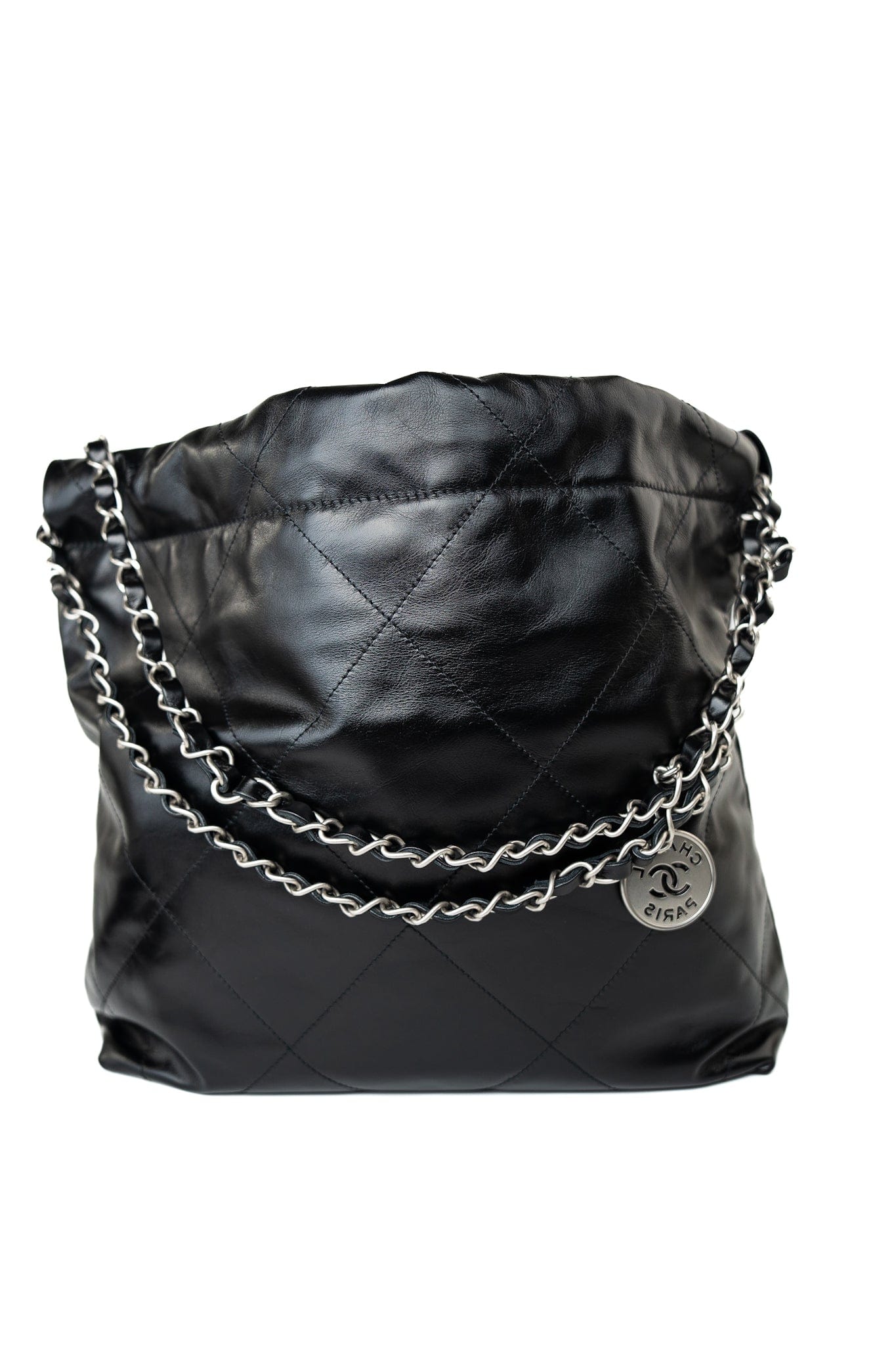 Black Calfskin Quilted Drawstring 22 Bag Small Antique Silver Hardware