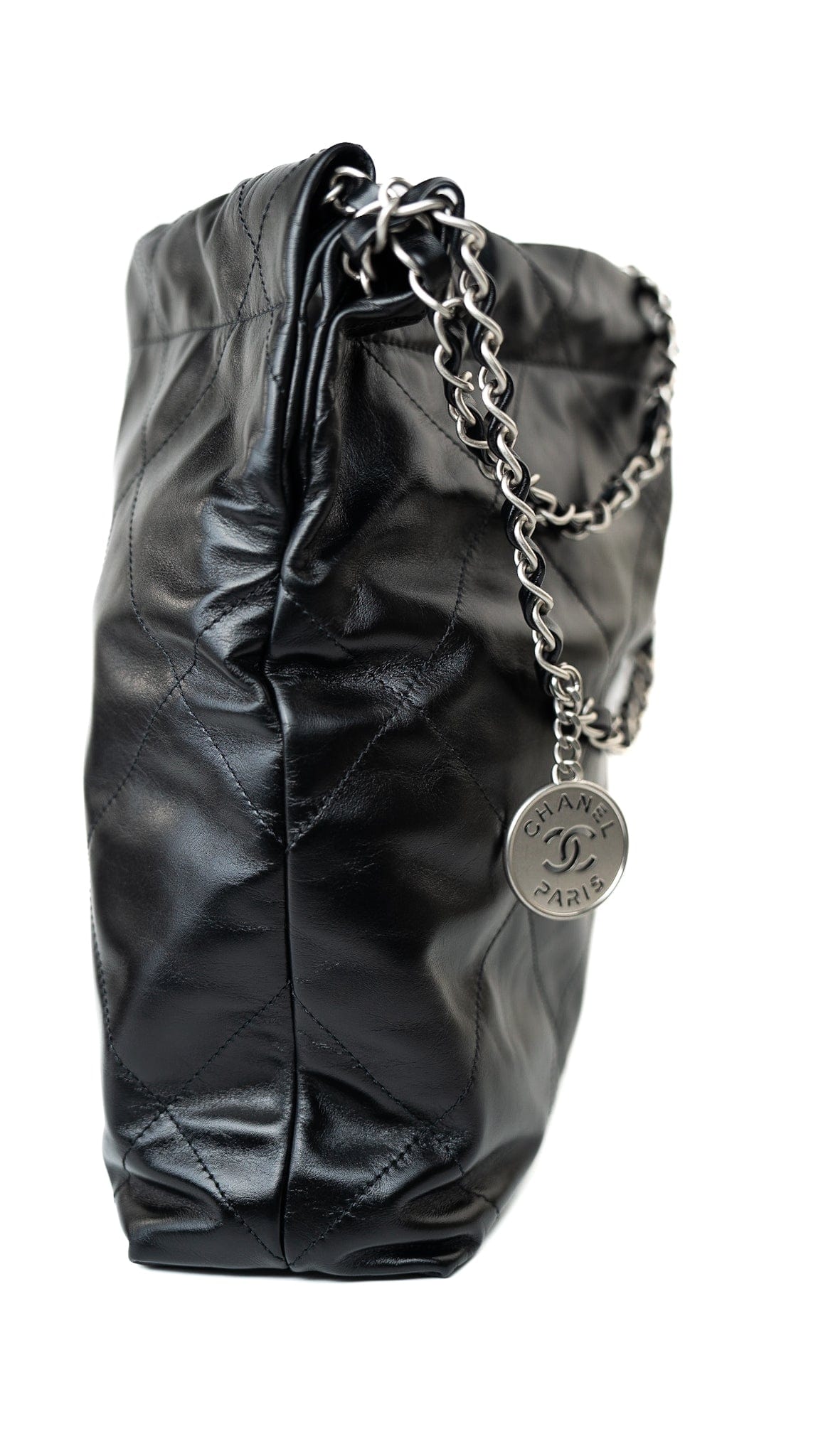 Black Calfskin Quilted Drawstring 22 Bag Small Antique Silver Hardware