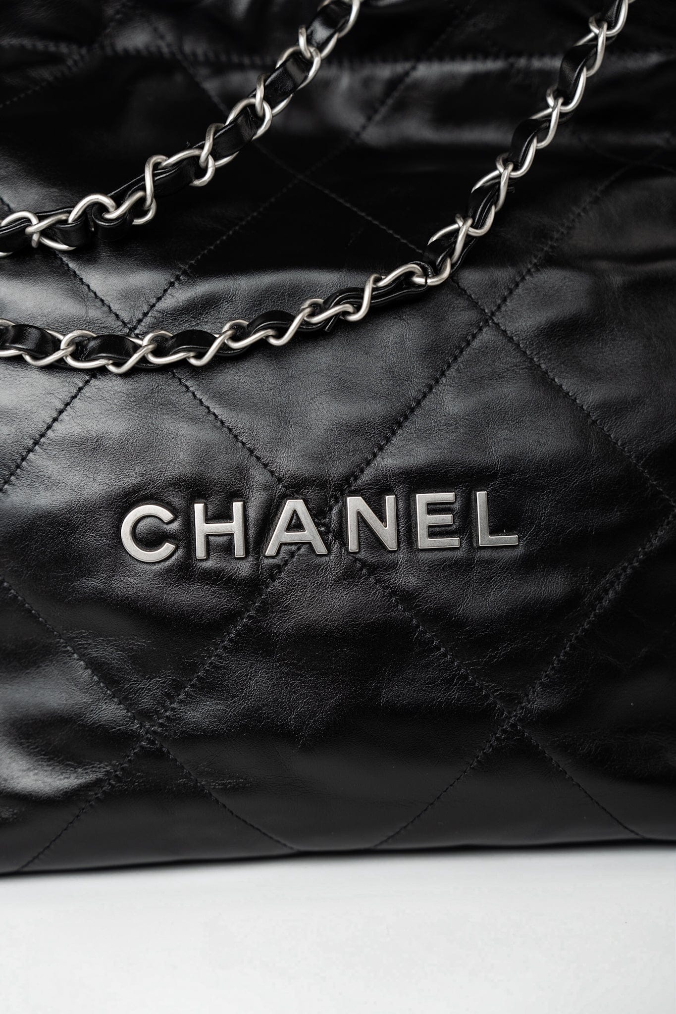 Black Calfskin Quilted Drawstring 22 Bag Small Antique Silver Hardware