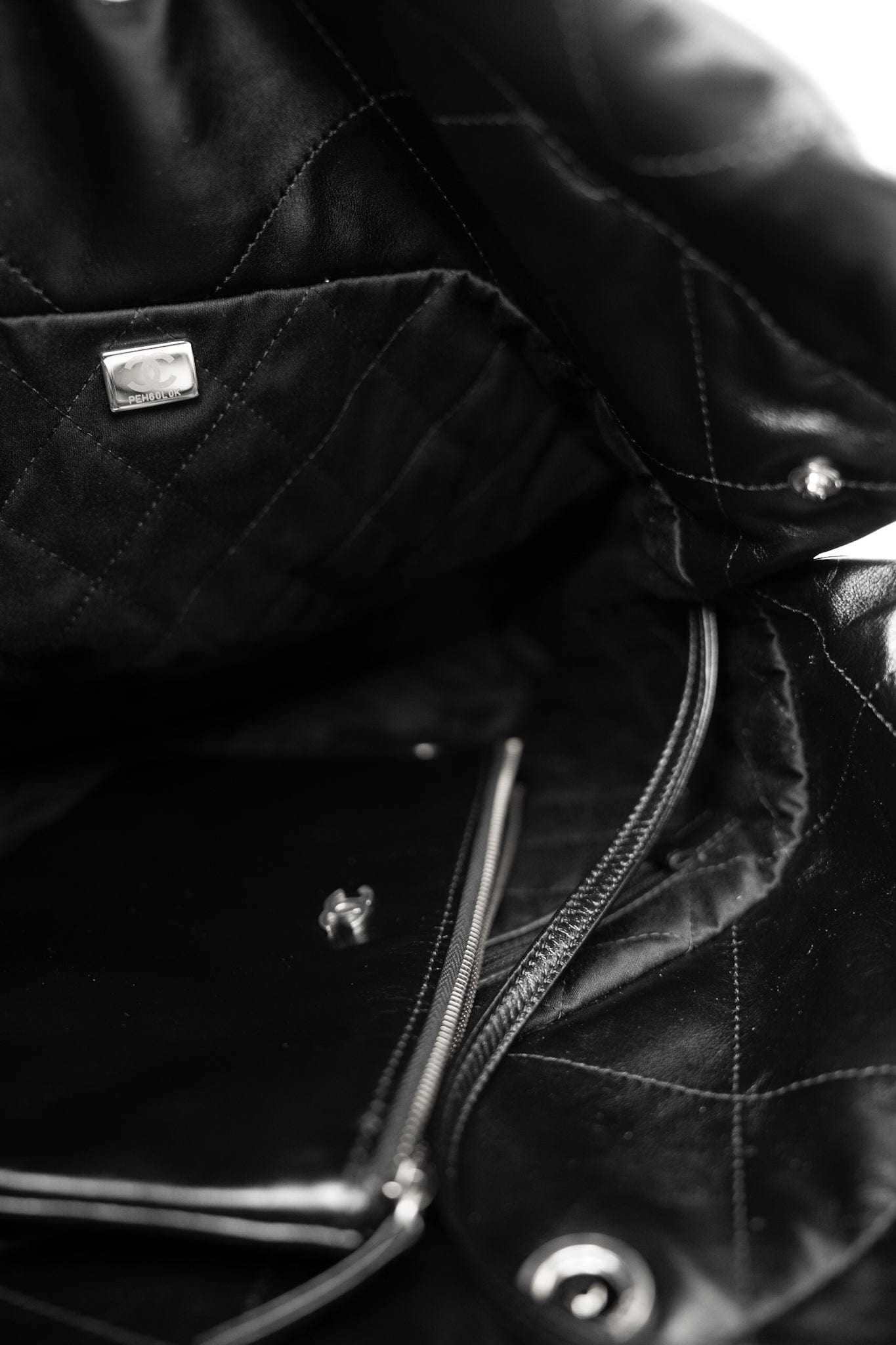 Black Calfskin Quilted Drawstring 22 Bag Small Antique Silver Hardware