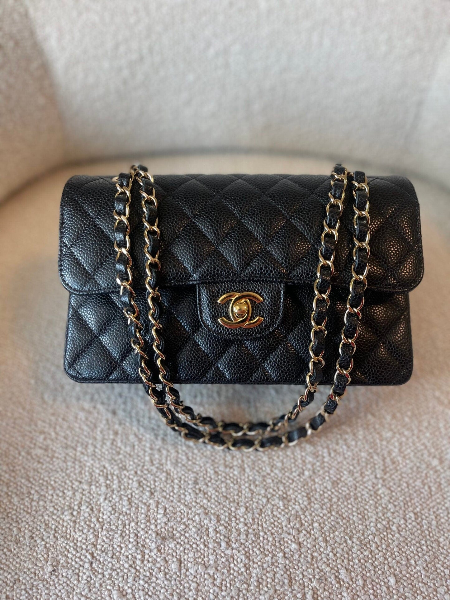 Black Caviar Quilted Classic Double Flap Small Gold Hardware
