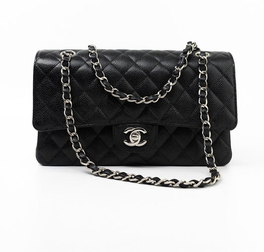 Black Caviar Quilted Classic Flap Medium Silver Hardware
