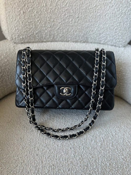 Black Caviar Quilted Jumbo Classic Flap Silver Hardware