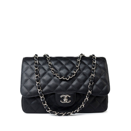 Black Caviar Quilted Jumbo Single Flap Silver Hardware