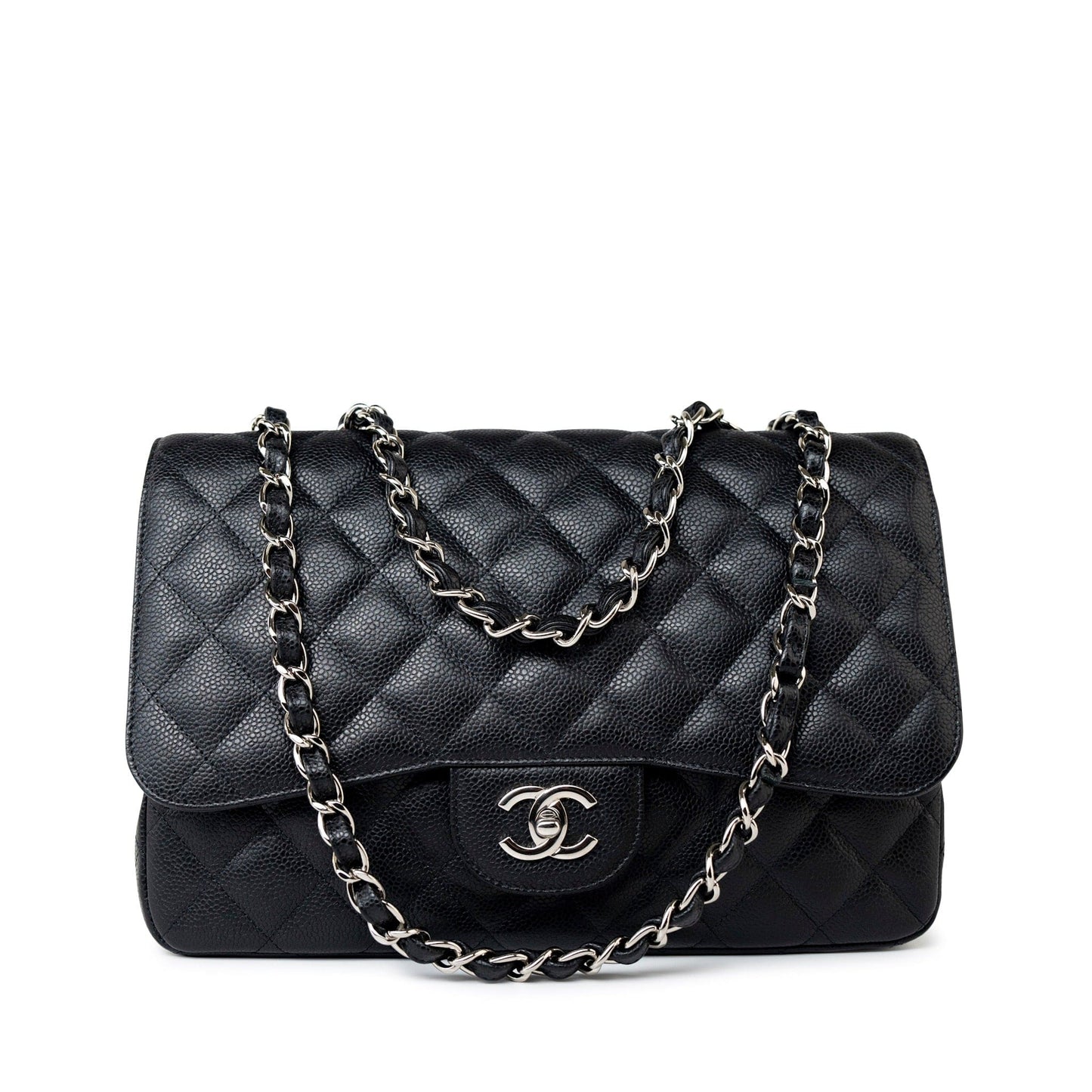 Black Caviar Quilted Jumbo Single Flap Silver Hardware