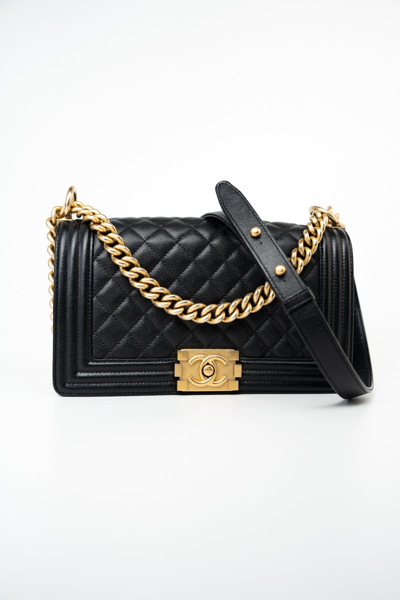 Black Caviar Quilted Old Medium Boy Bag Aged Gold Hardware