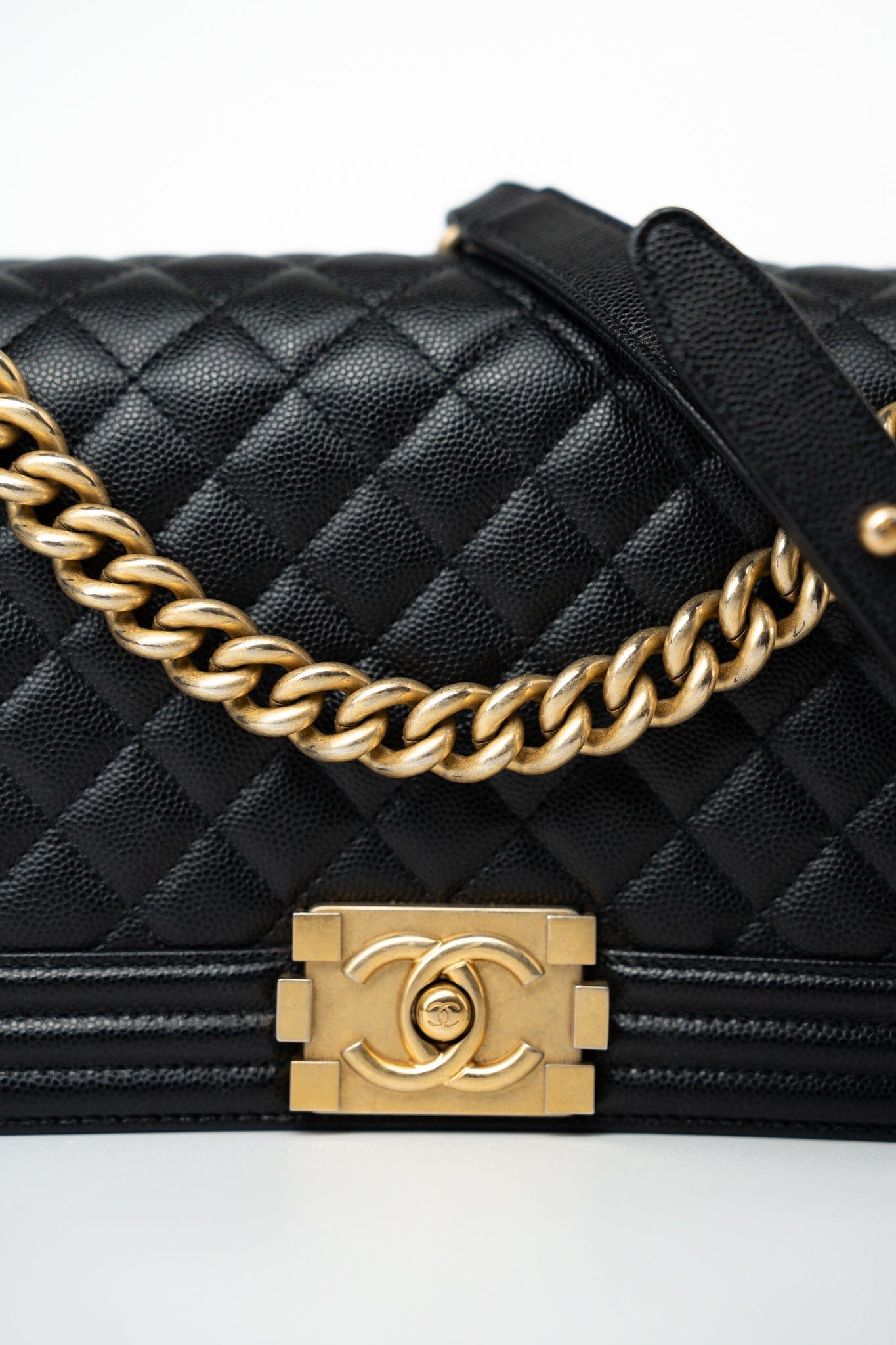 Black Caviar Quilted Old Medium Boy Bag Aged Gold Hardware