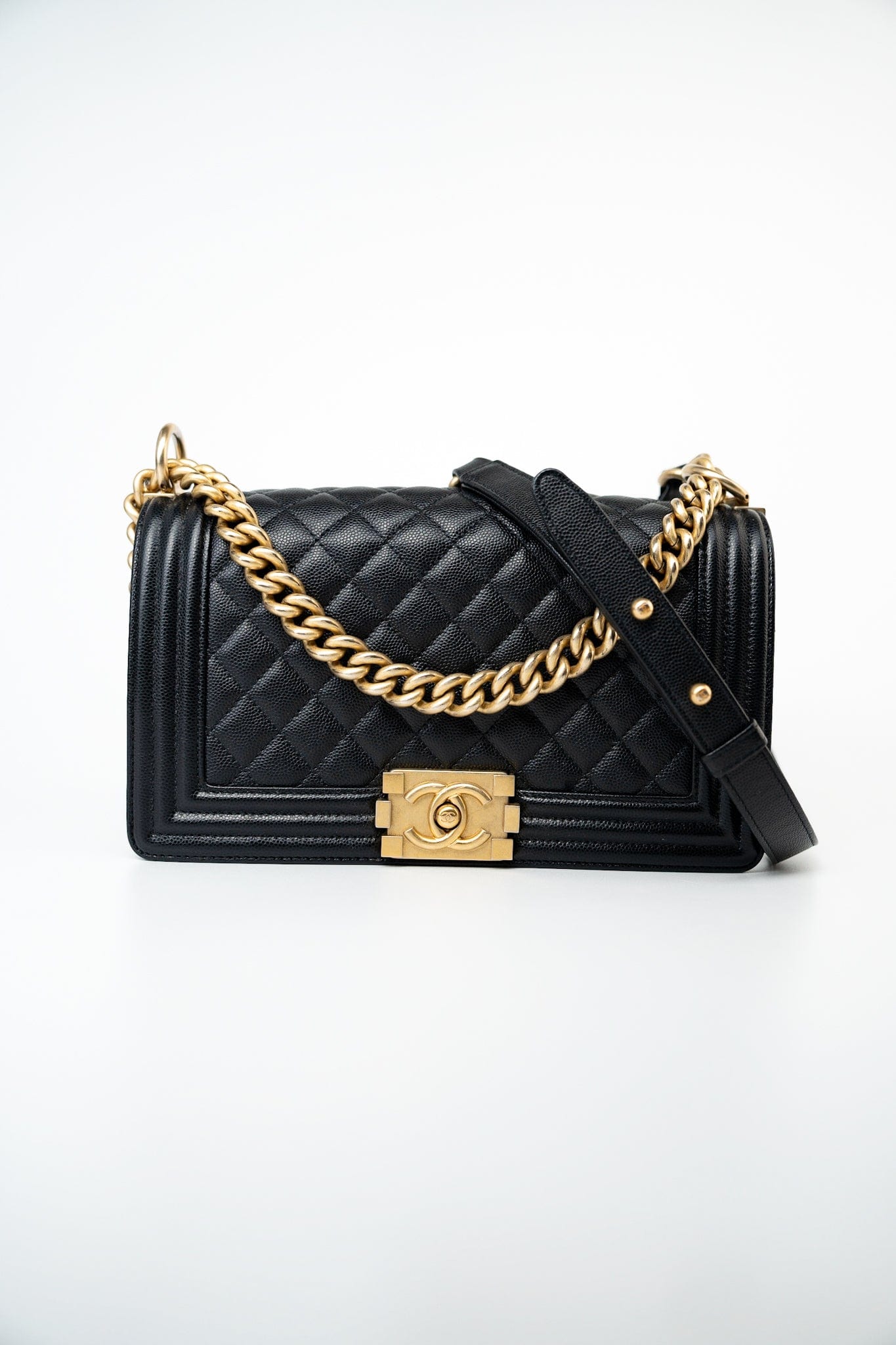 Black Caviar Quilted Old Medium Boy Bag Aged Gold Hardware