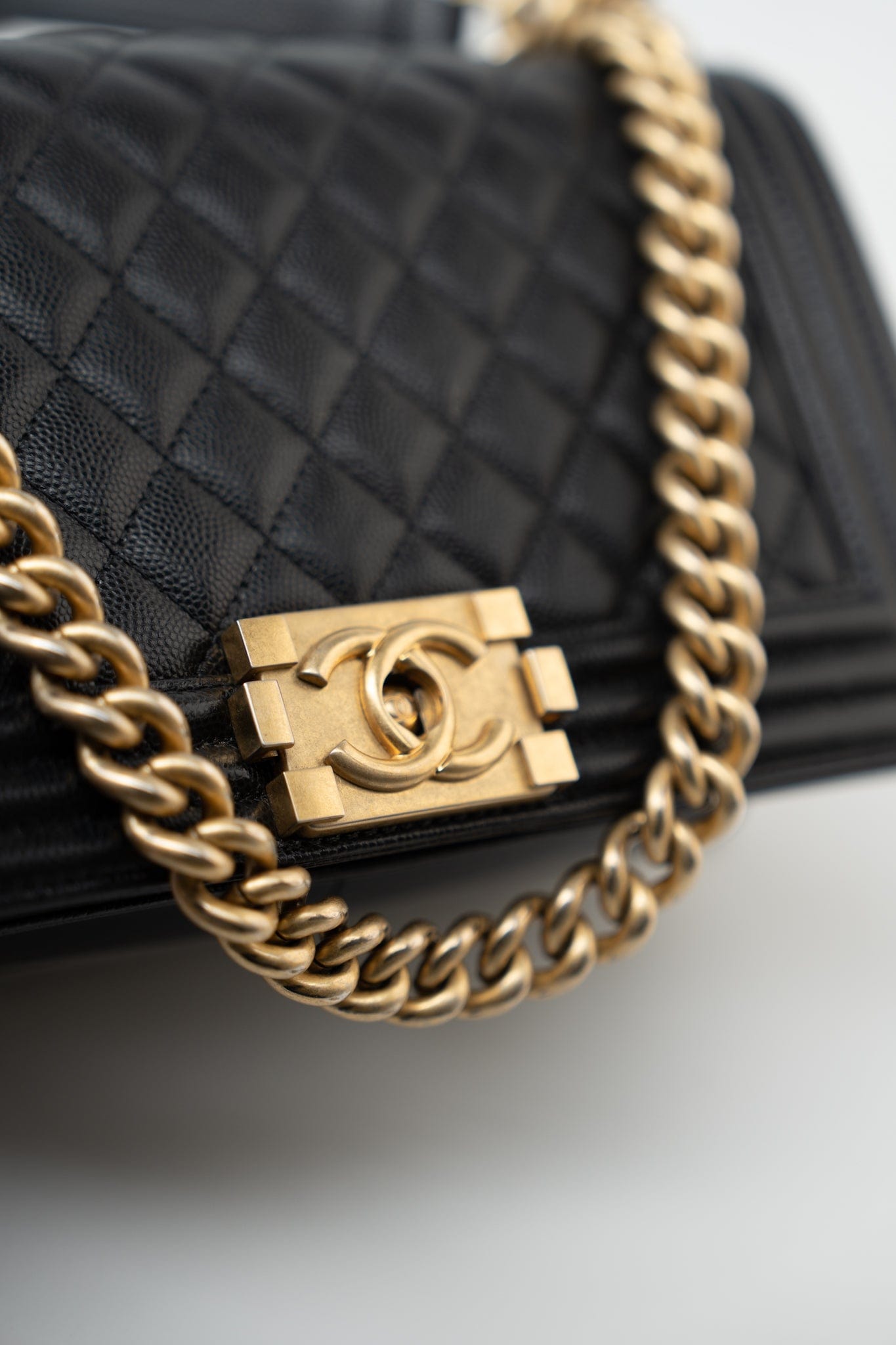 Black Caviar Quilted Old Medium Boy Bag Aged Gold Hardware