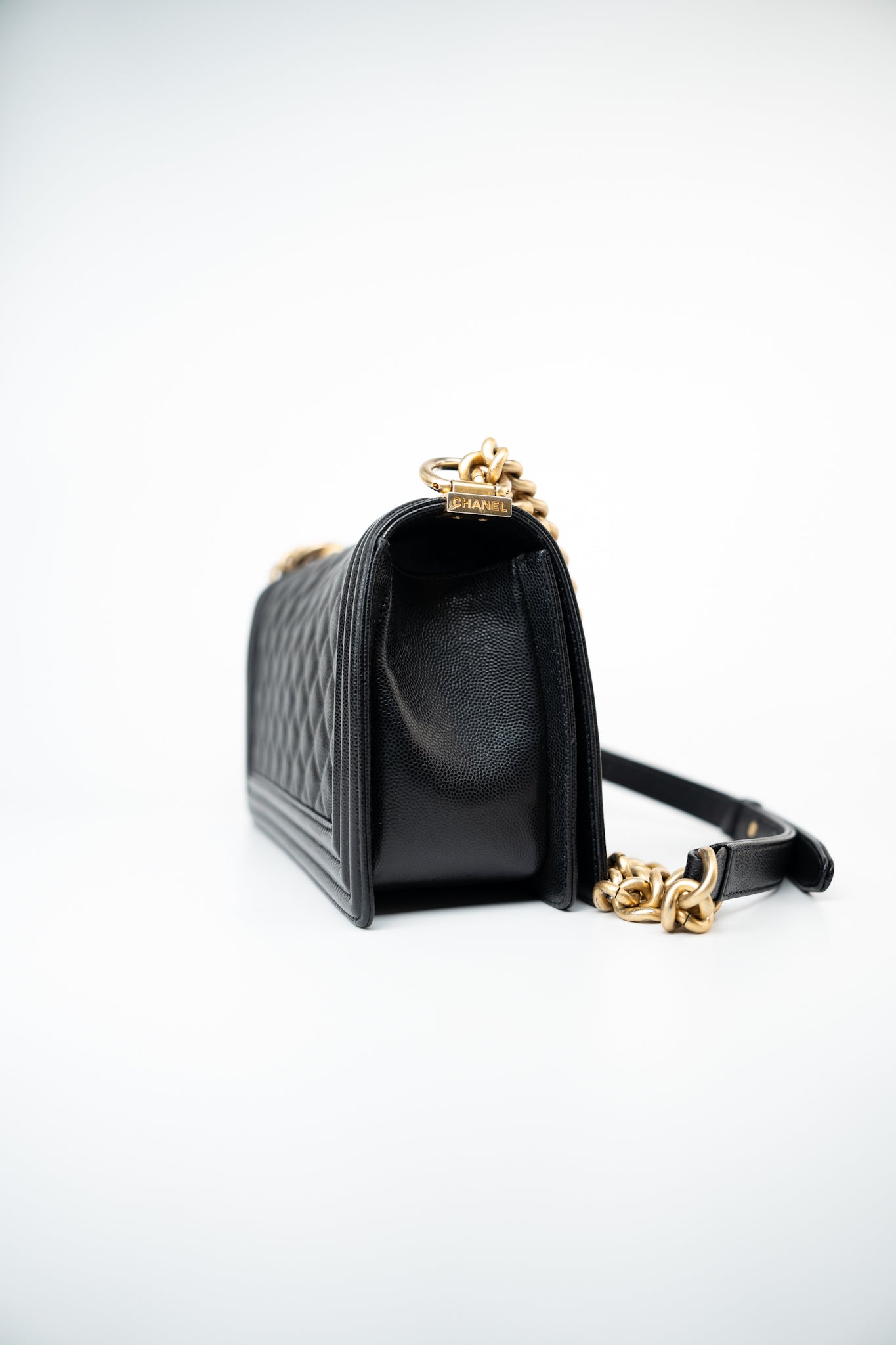 Black Caviar Quilted Old Medium Boy Bag Aged Gold Hardware