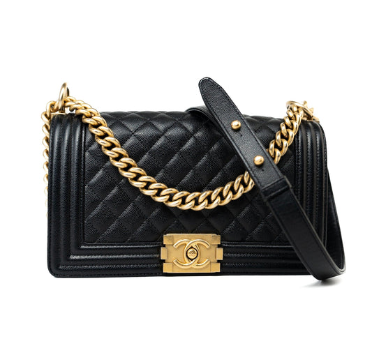 Black Caviar Quilted Old Medium Boy Bag Aged Gold Hardware