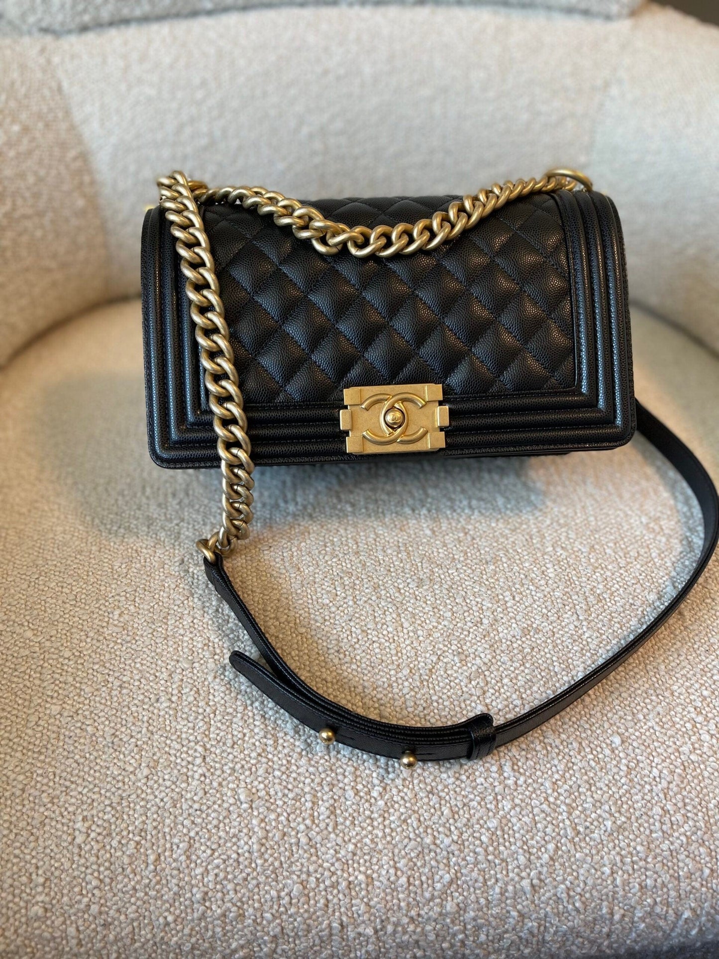 Black Caviar Quilted Old Medium Boy Bag AGHW