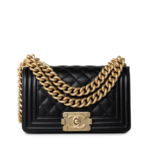 Black Caviar Quilted Small Boy Bag Antique Gold Hardware