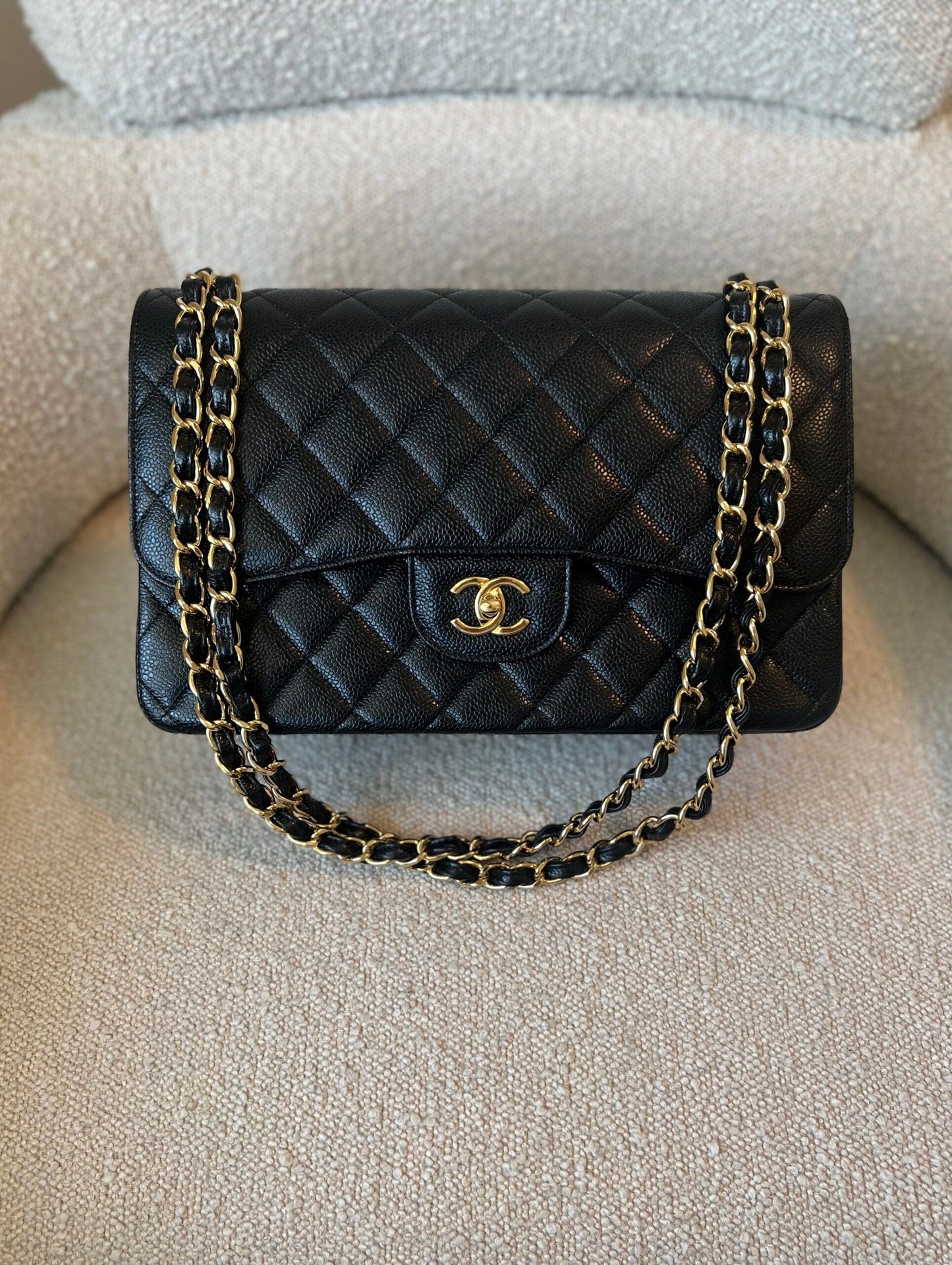 Chanel Black Caviar Quilted Jumbo Classic Flap GHW