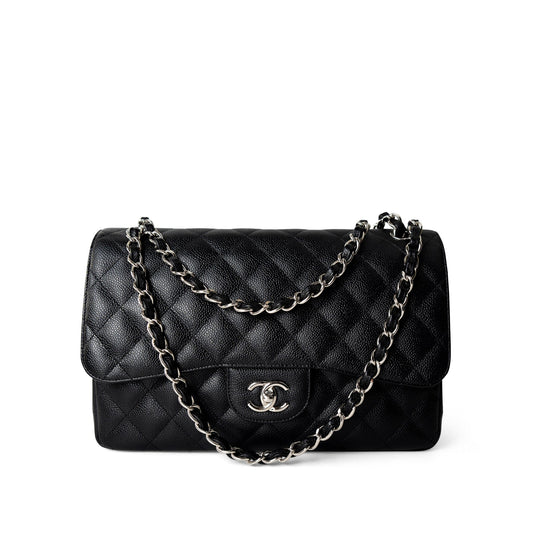 Black Jumbo Caviar Quilted Classic Double Flap SHW