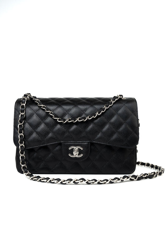 Black Jumbo Caviar Quilted Classic Flap Silver Hardware