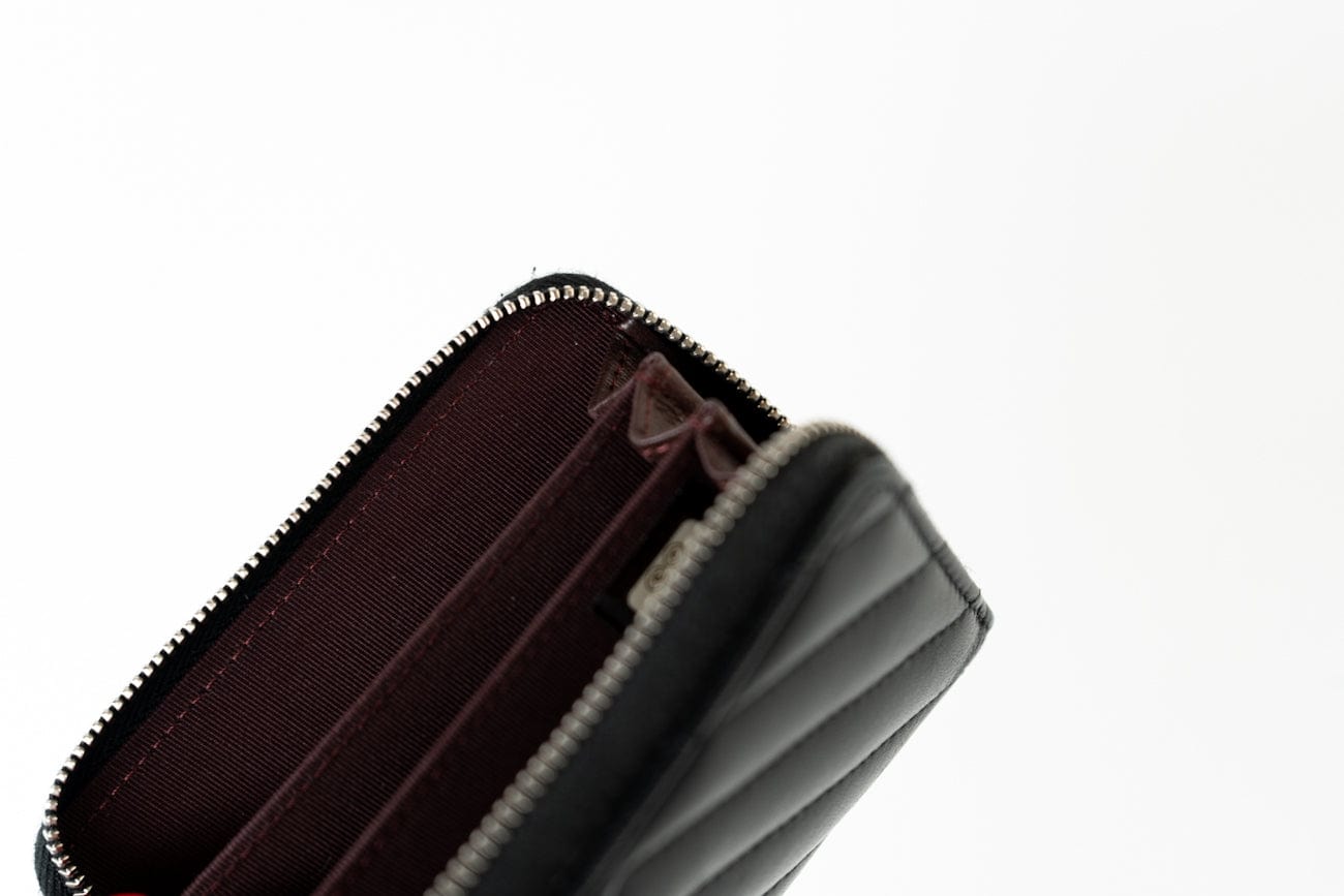 Black Lambskin Chevron Zip Coin Purse Silver Hardware