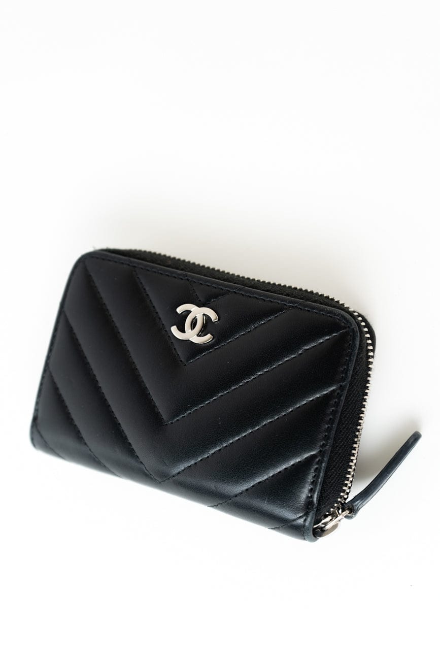 Black Lambskin Chevron Zip Coin Purse Silver Hardware