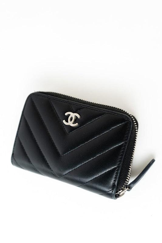 Black Lambskin Chevron Zip Coin Purse Silver Hardware