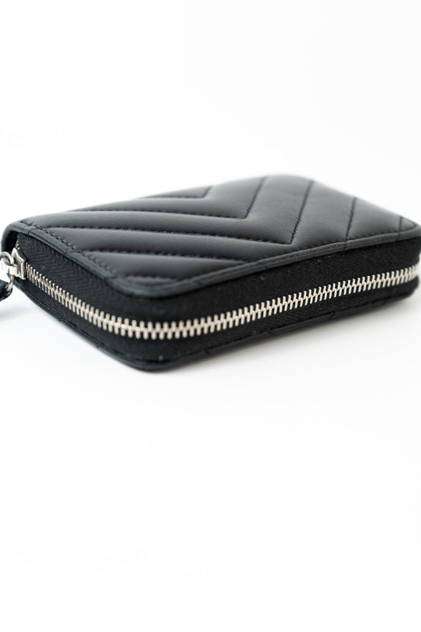 Black Lambskin Chevron Zip Coin Purse Silver Hardware