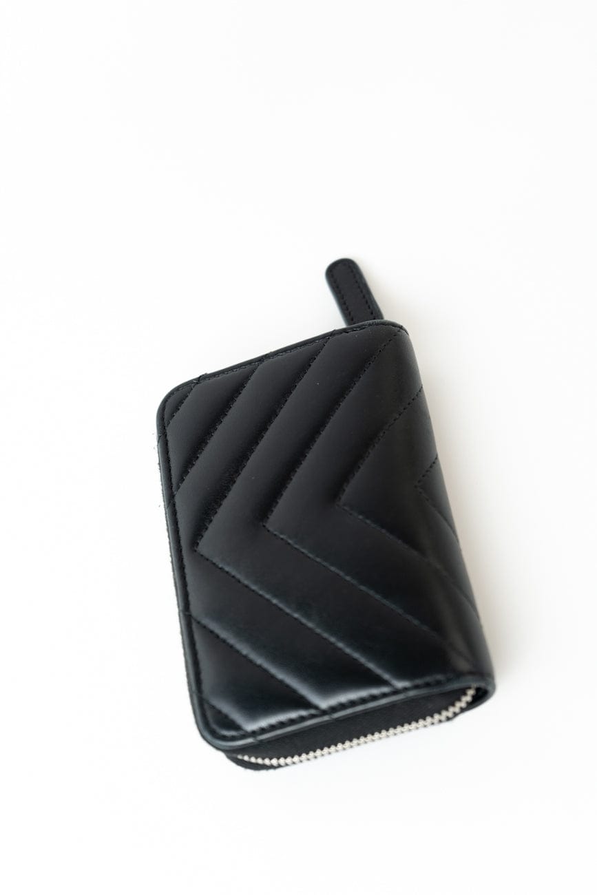 Black Lambskin Chevron Zip Coin Purse Silver Hardware
