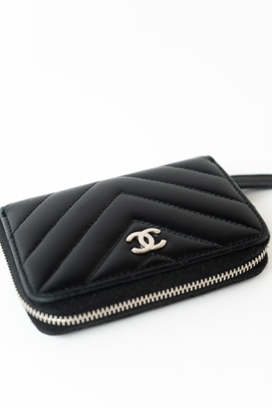 Black Lambskin Chevron Zip Coin Purse Silver Hardware