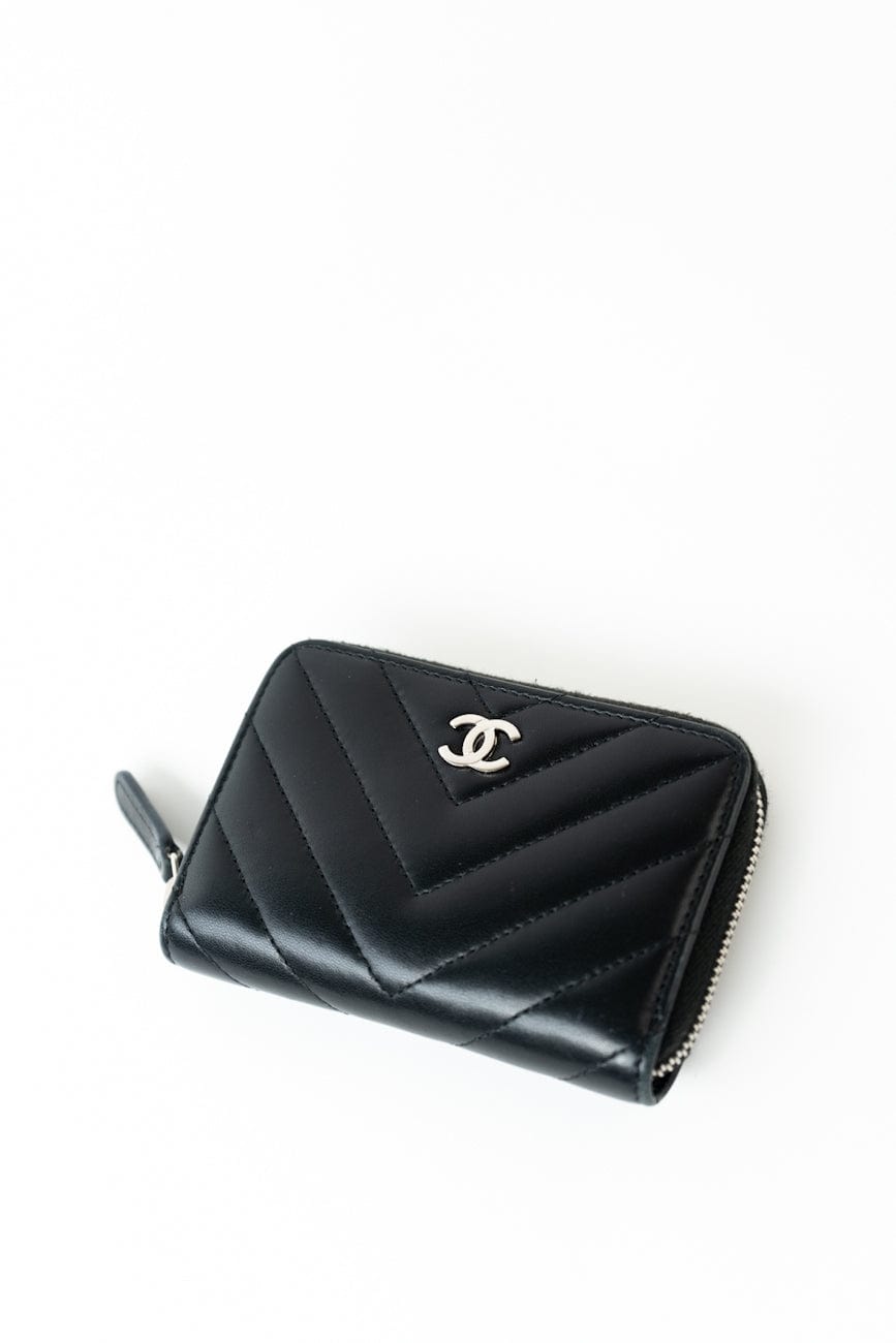 Black Lambskin Chevron Zip Coin Purse Silver Hardware