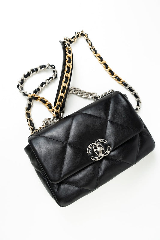 Black Lambskin Quilted 19 Flap Small