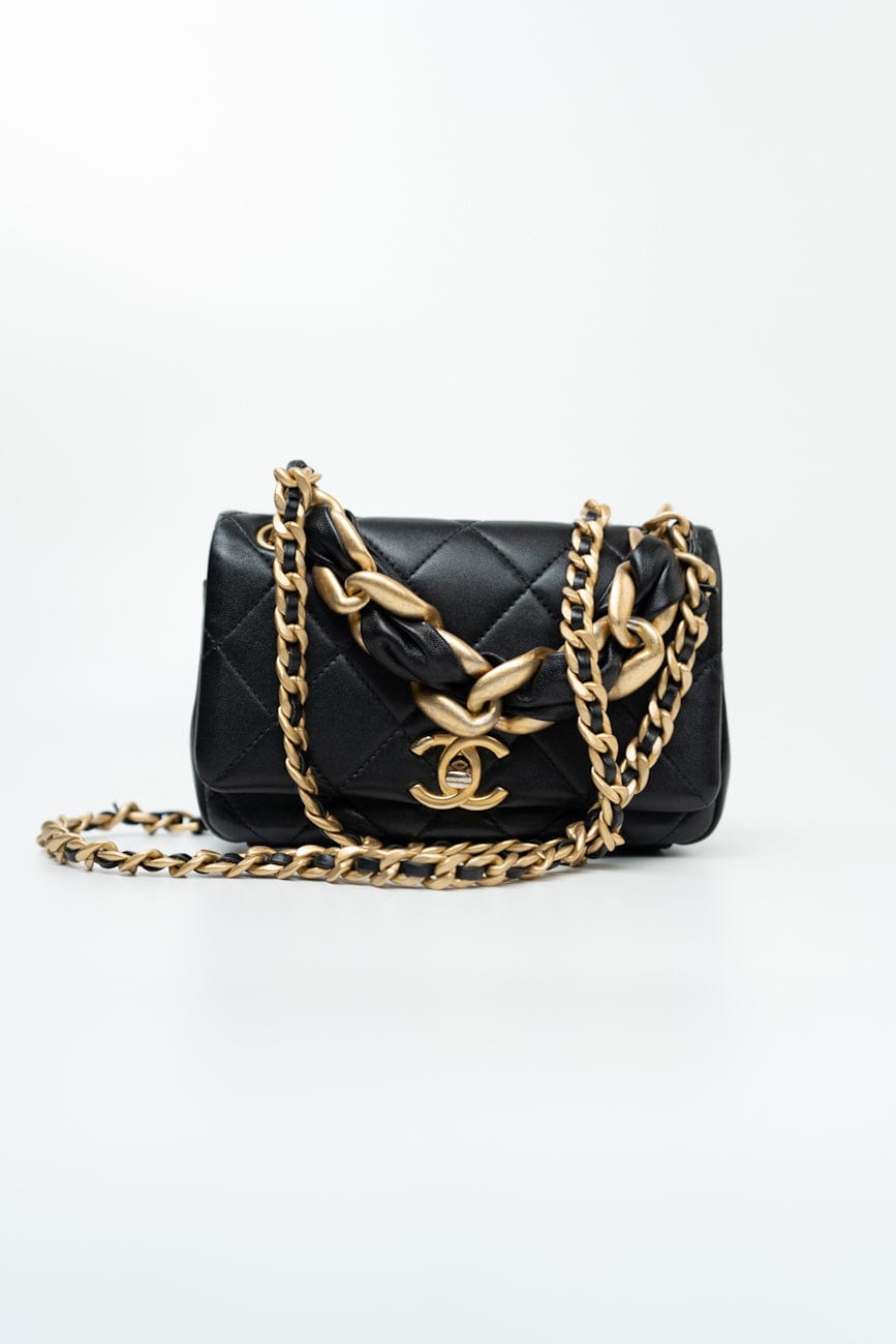 Black Lambskin Quilted Entwined Single Flap Mini Aged Hardware
