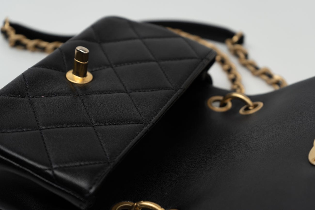 Black Lambskin Quilted Entwined Single Flap Mini Aged Hardware