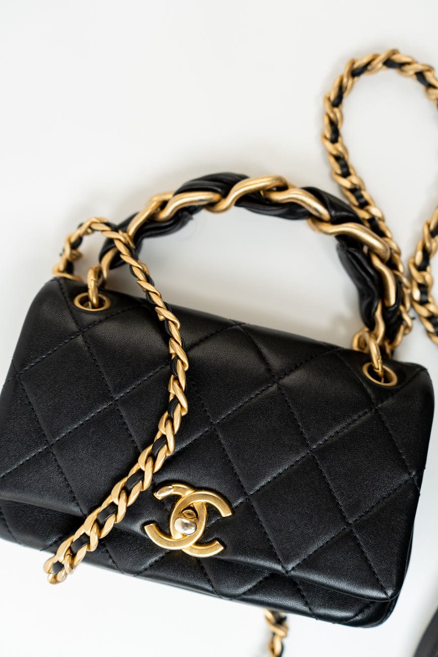 Black Lambskin Quilted Entwined Single Flap Mini Aged Hardware