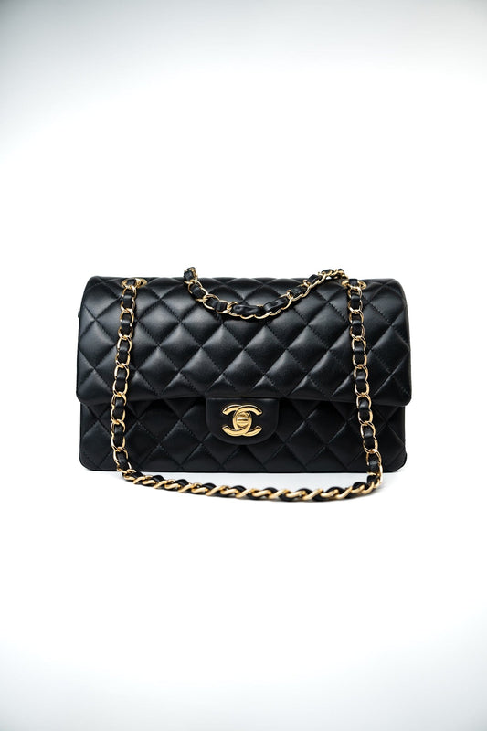 Black Lambskin Quilted Medium Classic Flap Gold Hardware