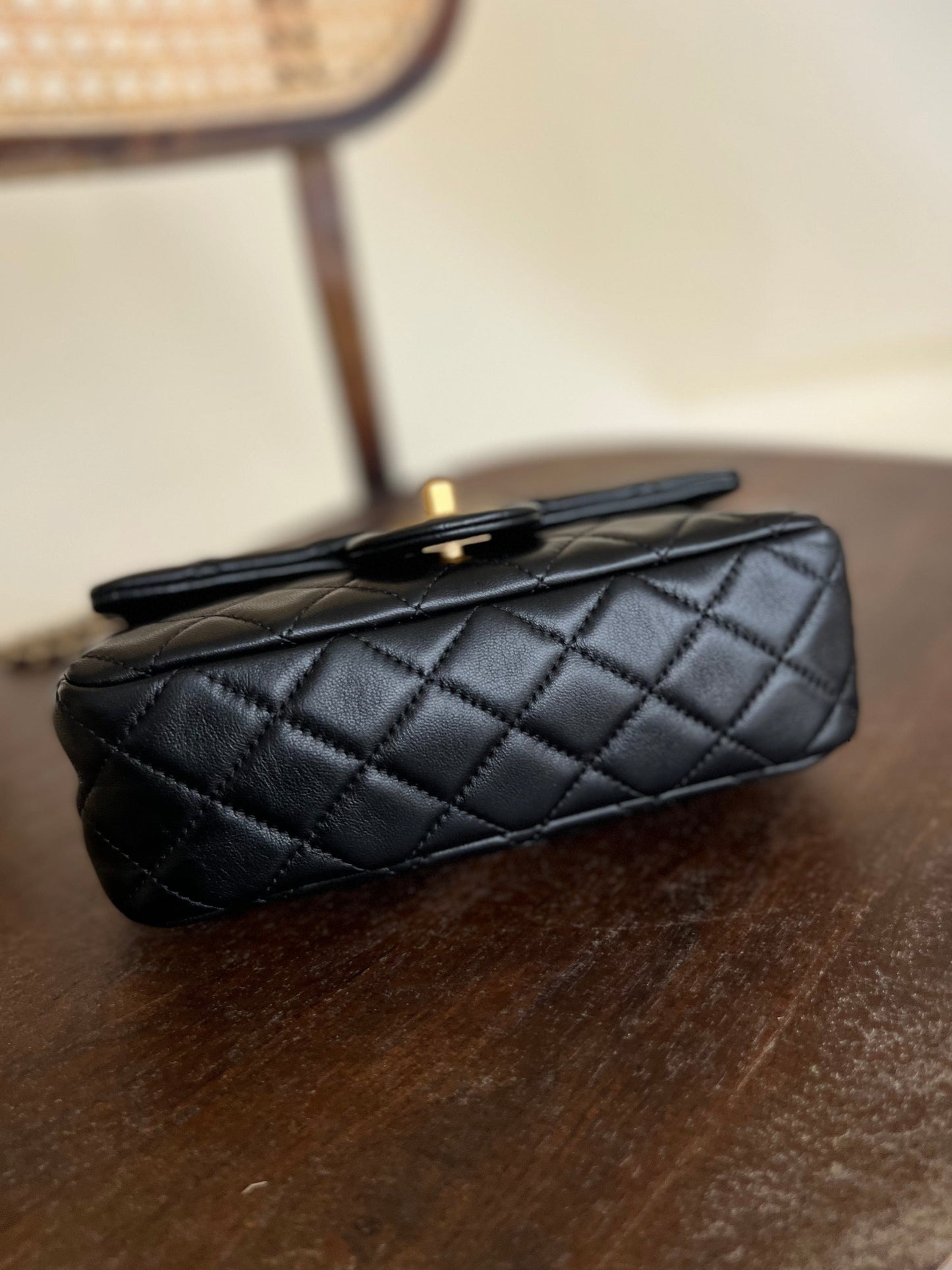 Black Lambskin Quilted Mini Rectangular CC Pearl Crush Single Flap AGHW