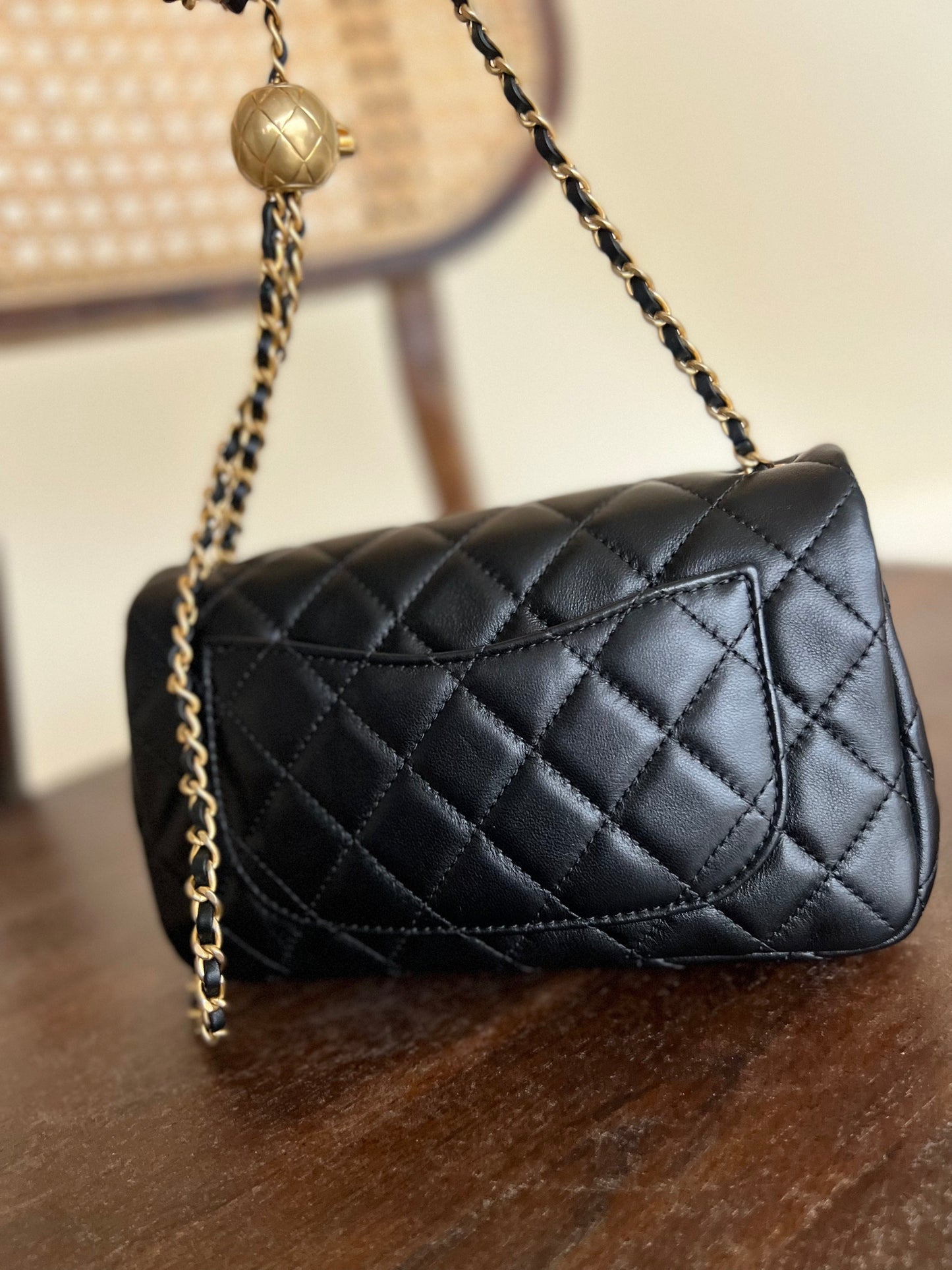 Black Lambskin Quilted Mini Rectangular CC Pearl Crush Single Flap AGHW