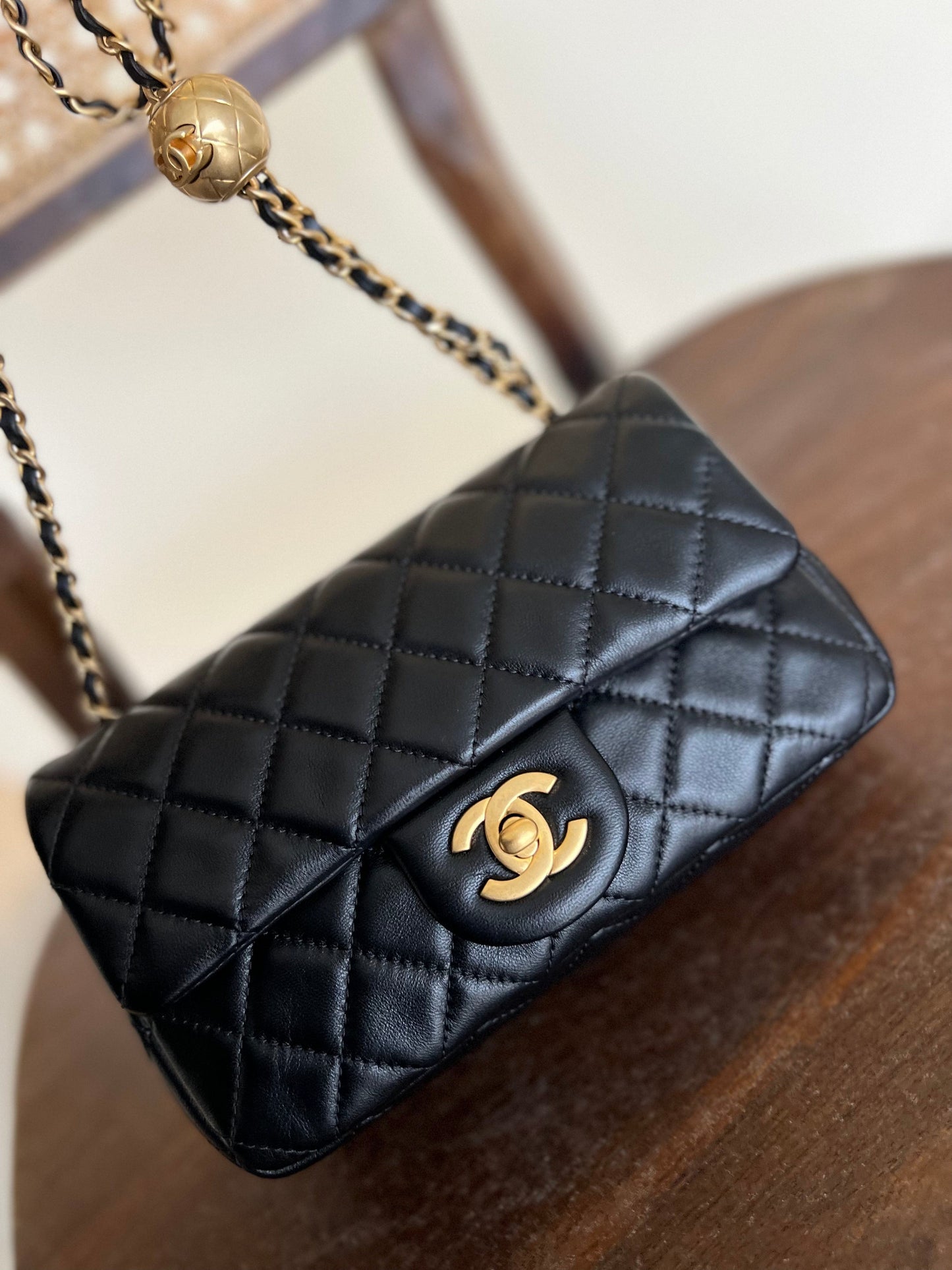 Black Lambskin Quilted Mini Rectangular CC Pearl Crush Single Flap AGHW