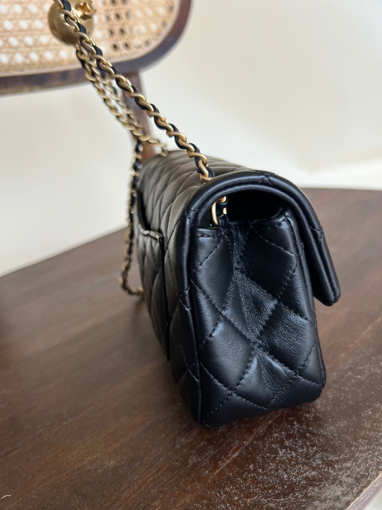 Black Lambskin Quilted Mini Rectangular CC Pearl Crush Single Flap AGHW