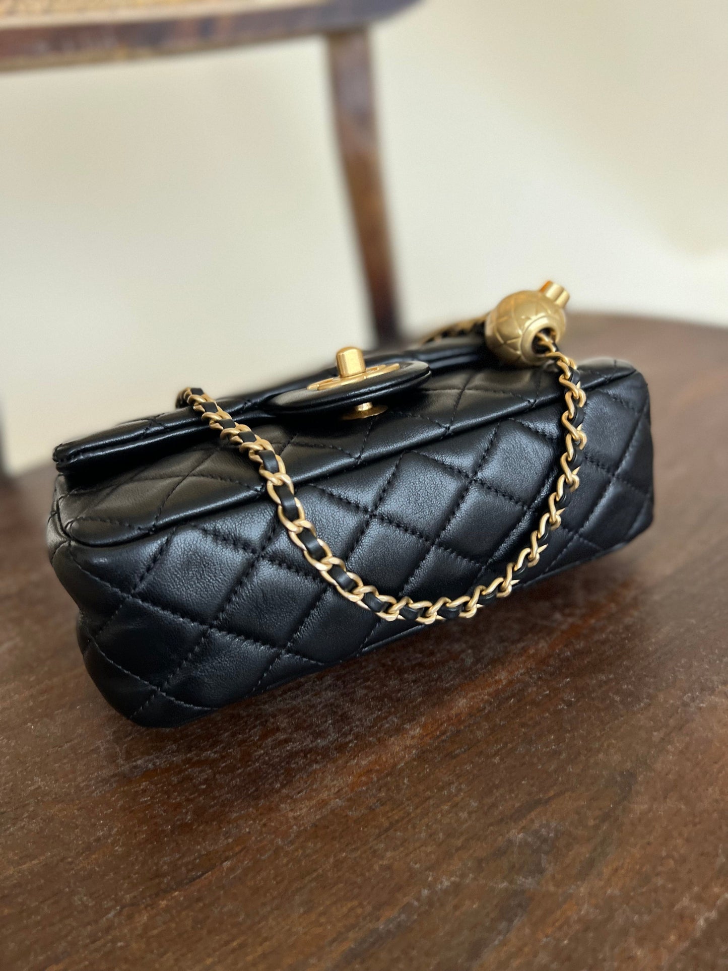 Black Lambskin Quilted Mini Rectangular CC Pearl Crush Single Flap AGHW