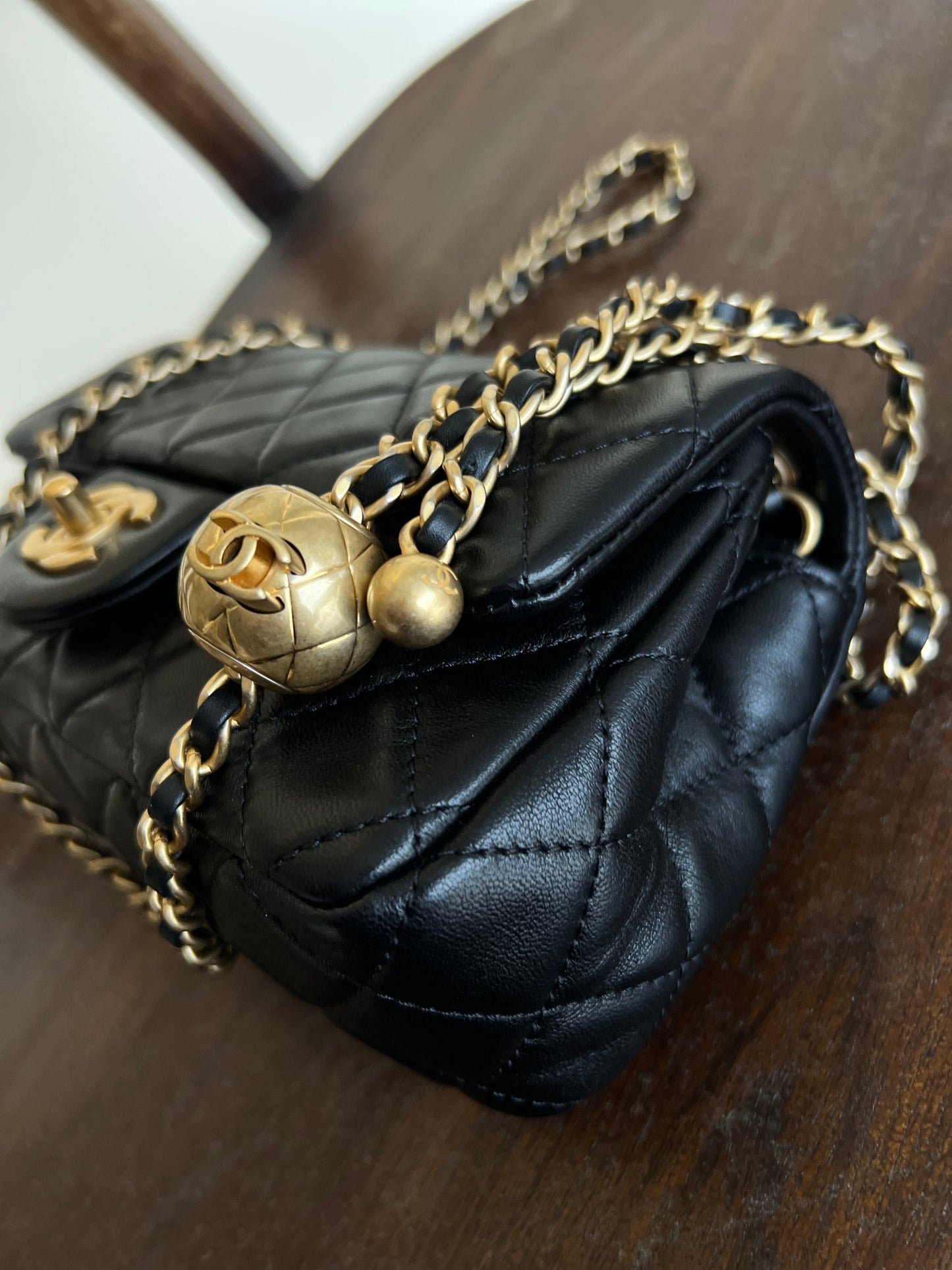 Black Lambskin Quilted Mini Rectangular CC Pearl Crush Single Flap AGHW