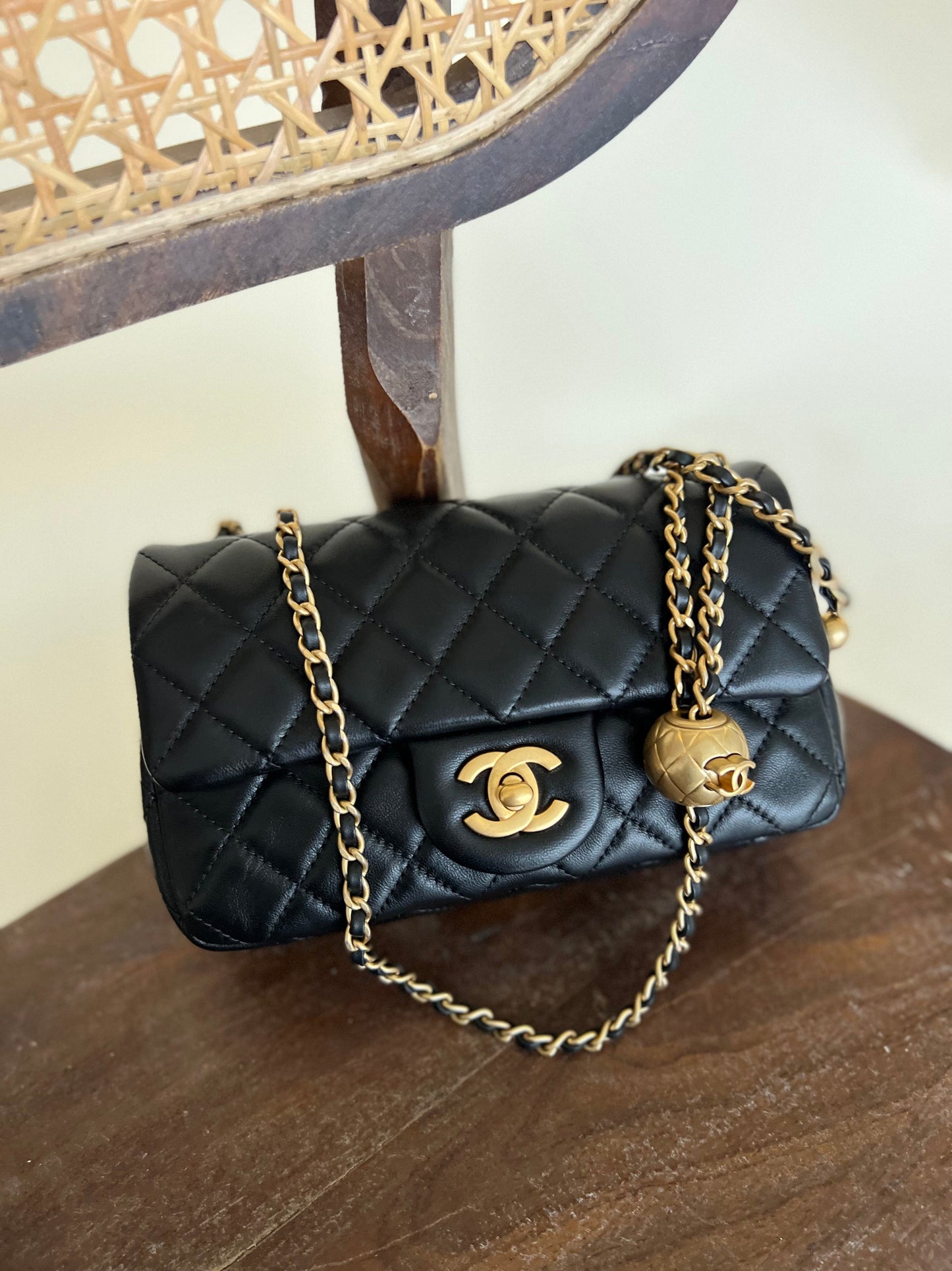 Black Lambskin Quilted Mini Rectangular CC Pearl Crush Single Flap AGHW