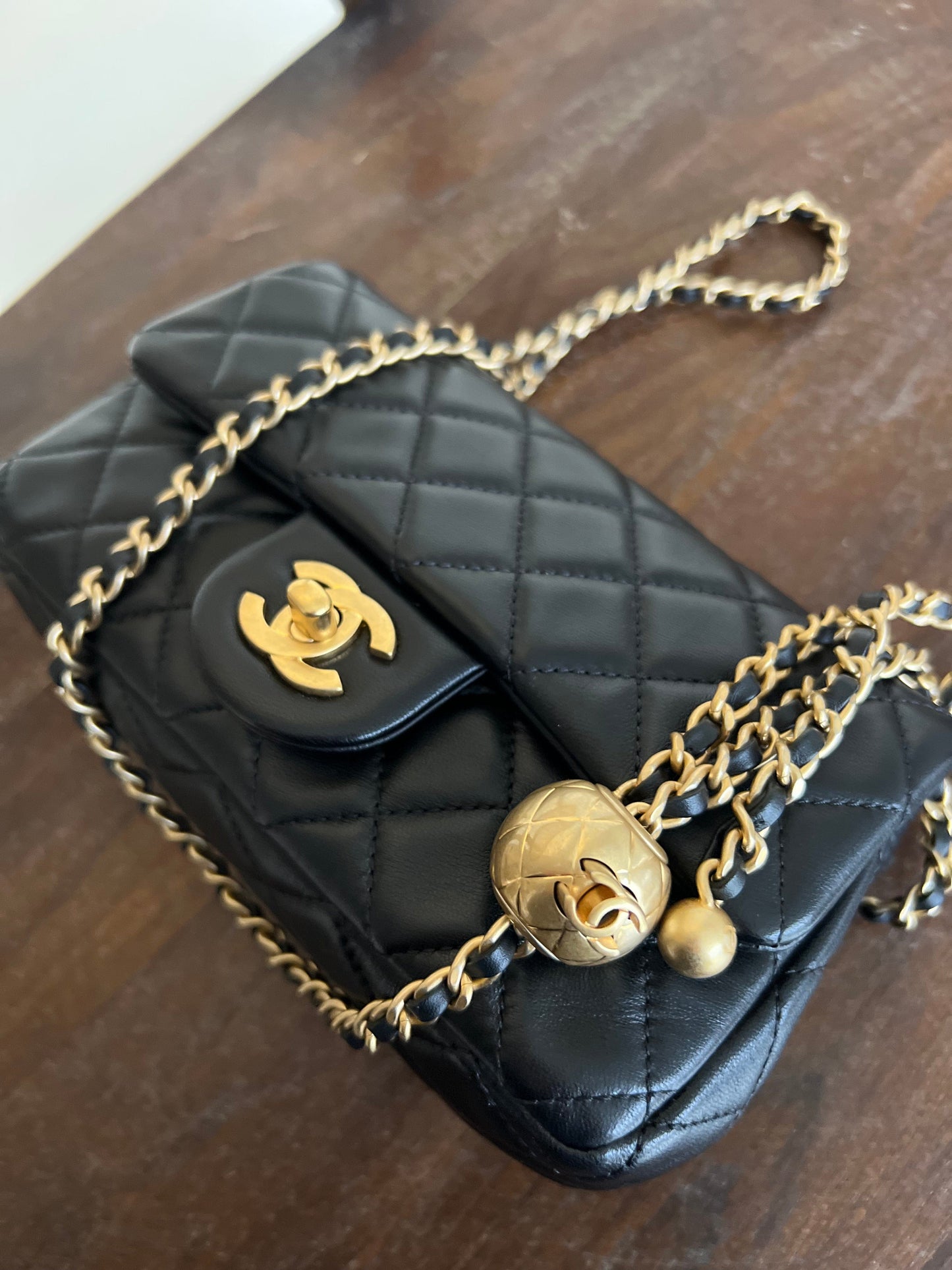 Black Lambskin Quilted Mini Rectangular CC Pearl Crush Single Flap AGHW