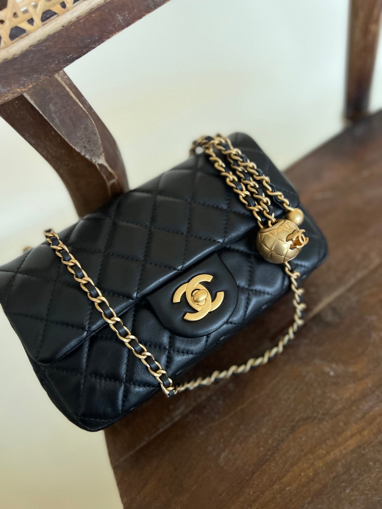 Black Lambskin Quilted Mini Rectangular CC Pearl Crush Single Flap AGHW