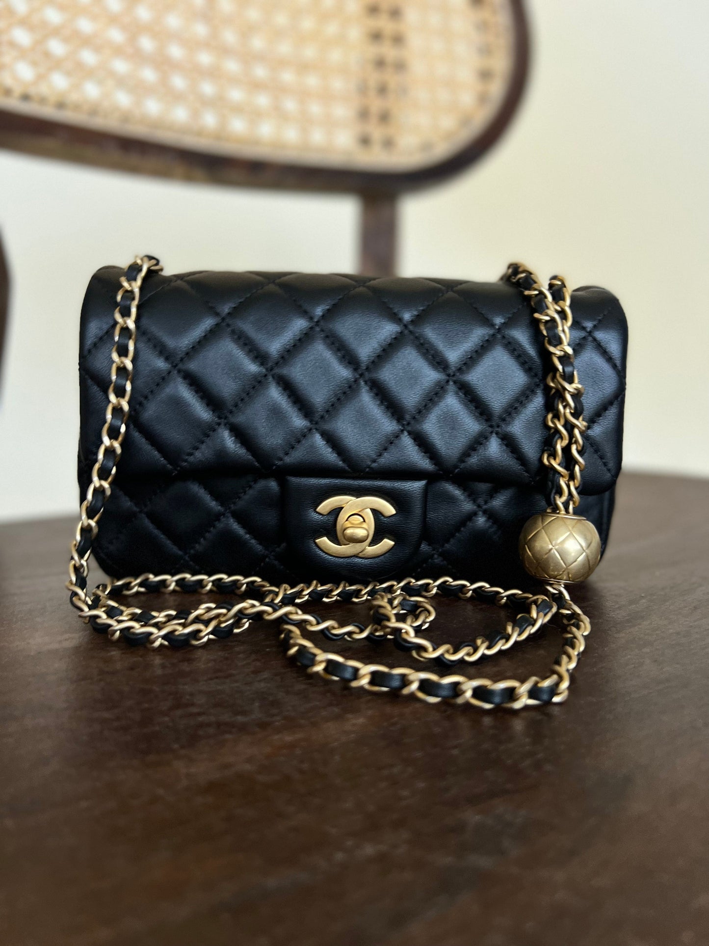 Black Lambskin Quilted Mini Rectangular CC Pearl Crush Single Flap AGHW
