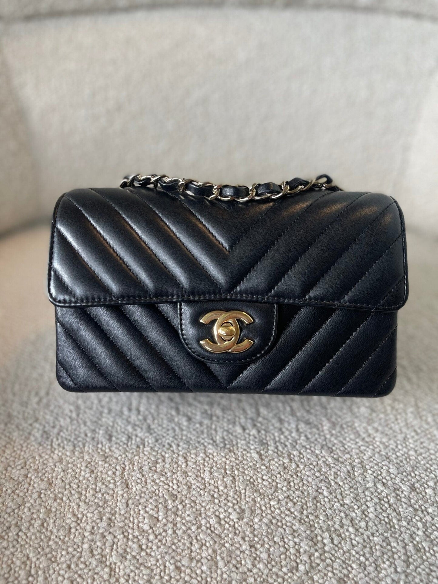 Black Mini Rectangular Lambskin Chevron Light Gold Hardware
