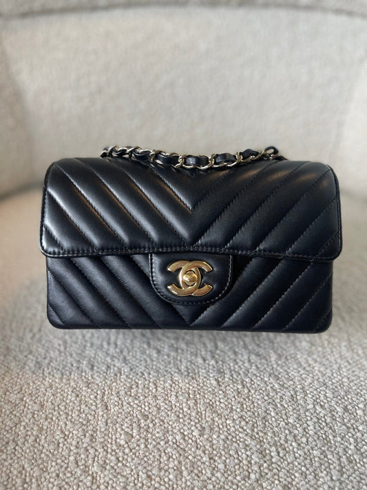 Black Mini Rectangular Lambskin Chevron Light Gold Hardware