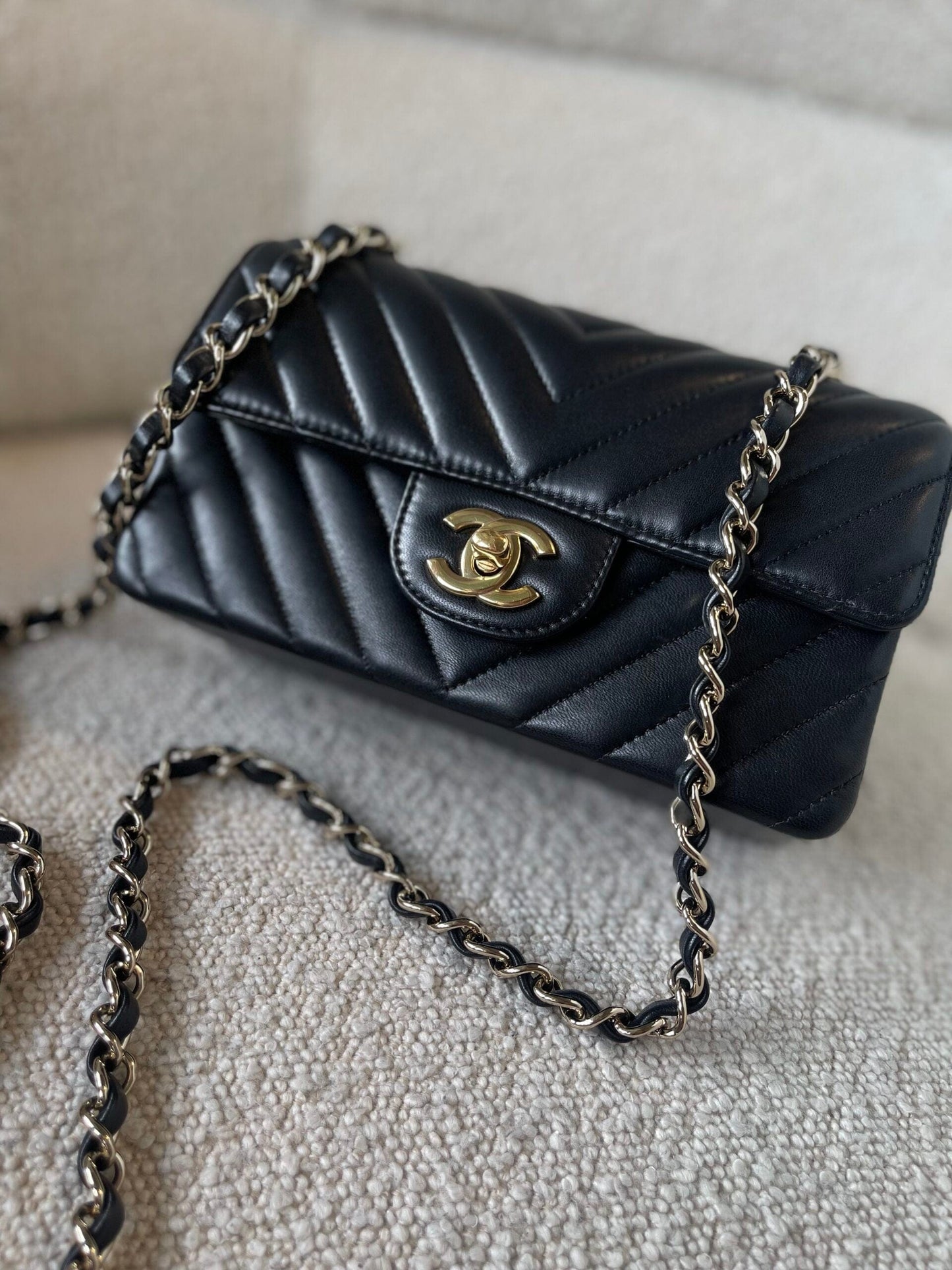 Black Mini Rectangular Lambskin Chevron Light Gold Hardware