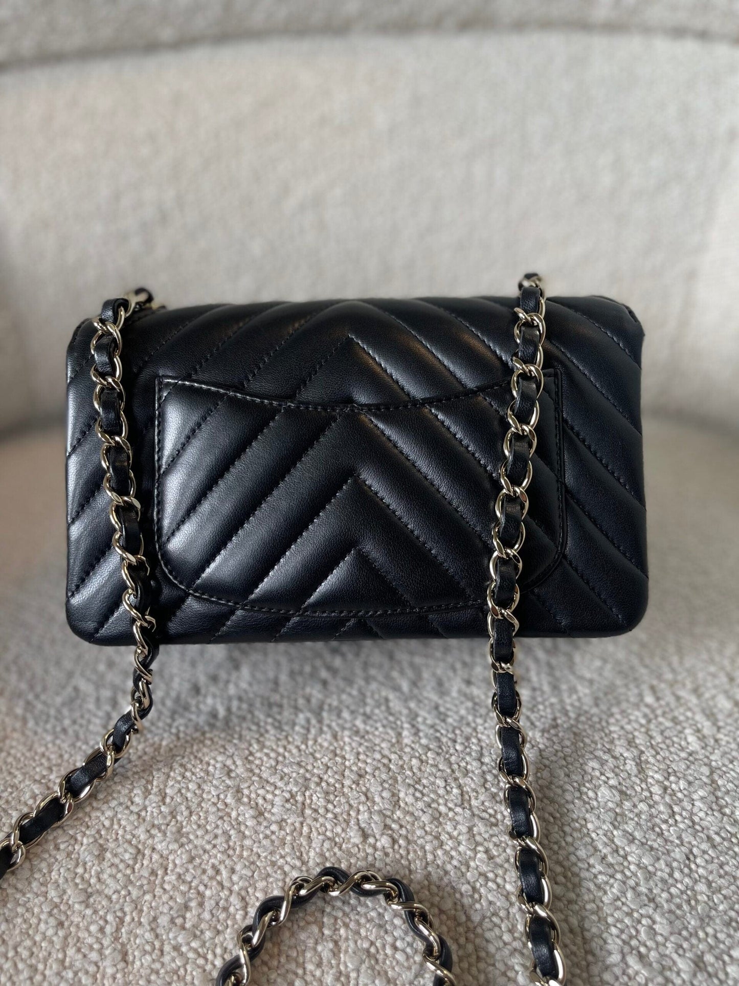 Black Mini Rectangular Lambskin Chevron Light Gold Hardware