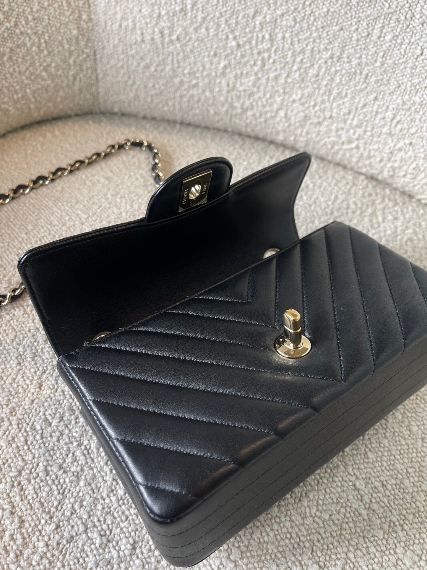Black Mini Rectangular Lambskin Chevron Light Gold Hardware