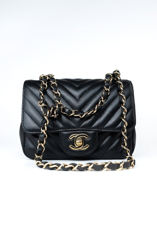 Mini Square Black Lambskin Chevron Flap LGHW