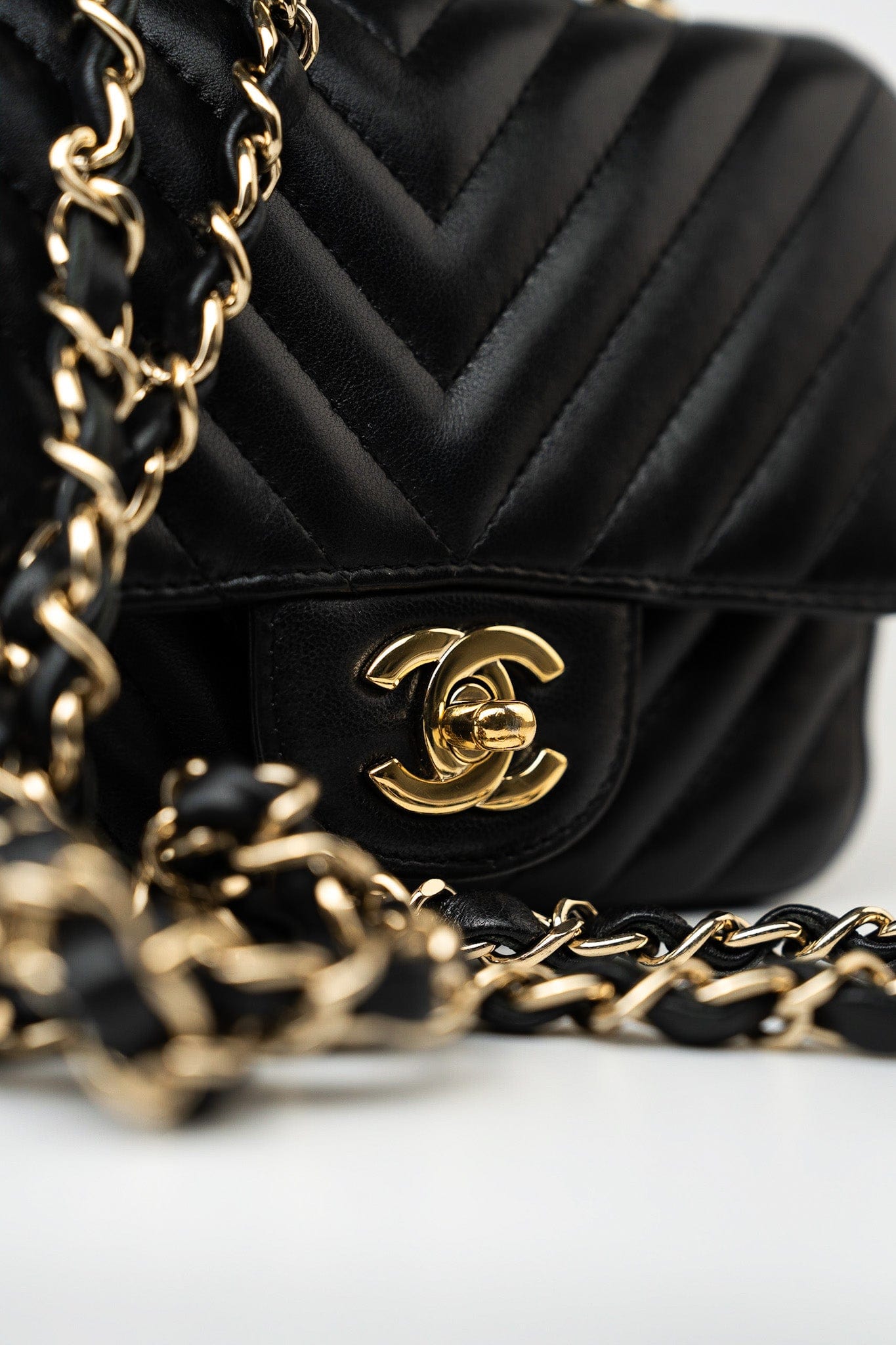 Mini Square Black Lambskin Chevron Flap LGHW