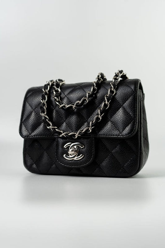 Black Mini Square Caviar Quilted Single Flap SHW